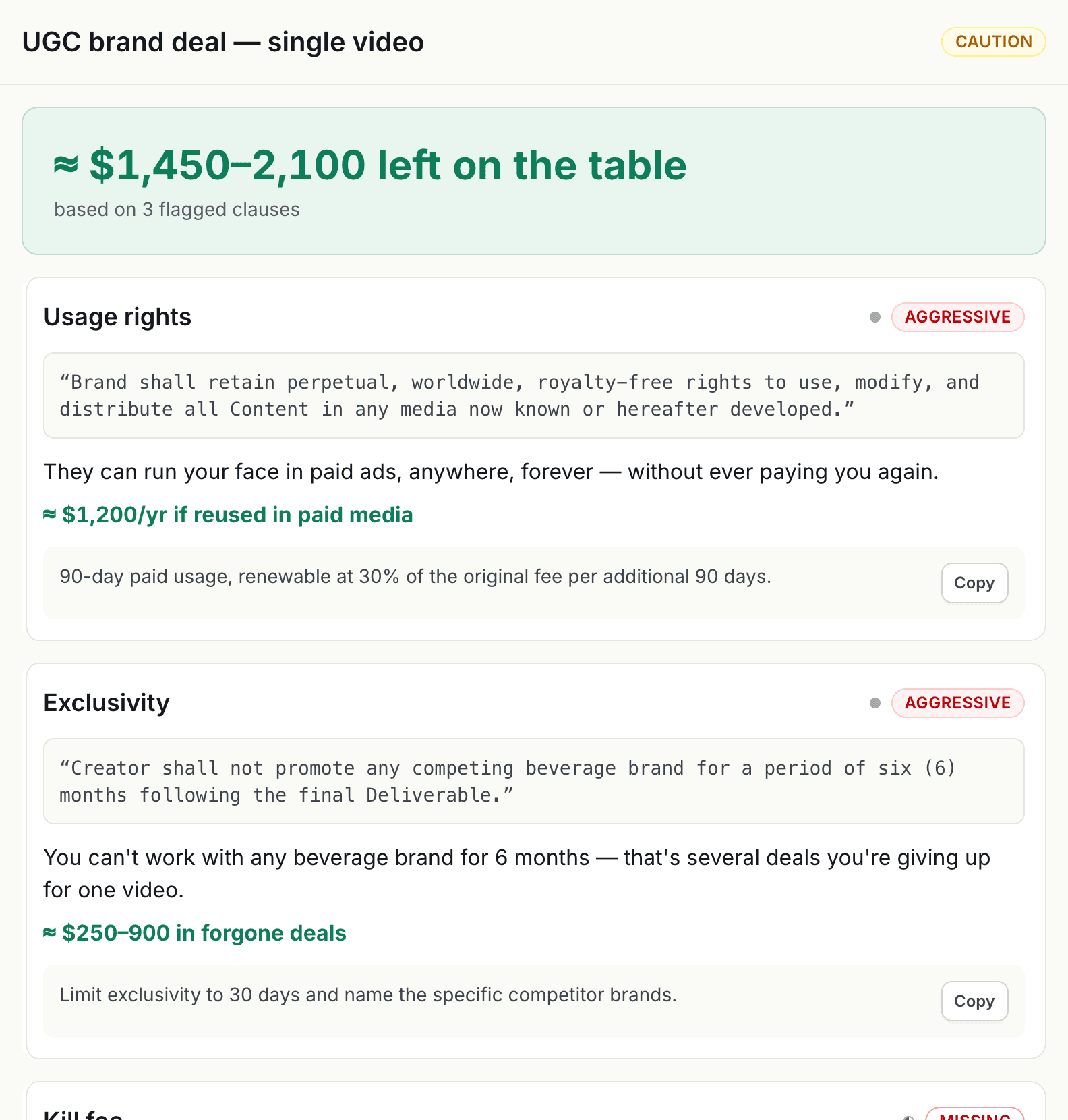 DealScan report showing $1,450–2,100 left on the table and an aggressive usage-rights clause with a copy-paste counter-ask