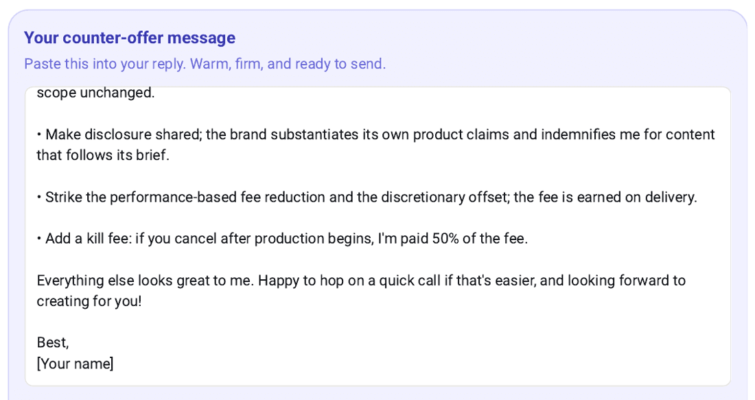 A ready to send counter-offer message generated from the contract, with warm, firm, copy paste asks and a place for your name.